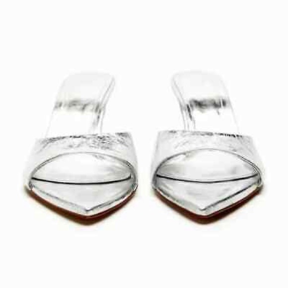 Zara heeled metallic leather slides Silver NWT - Picture 5 of 7